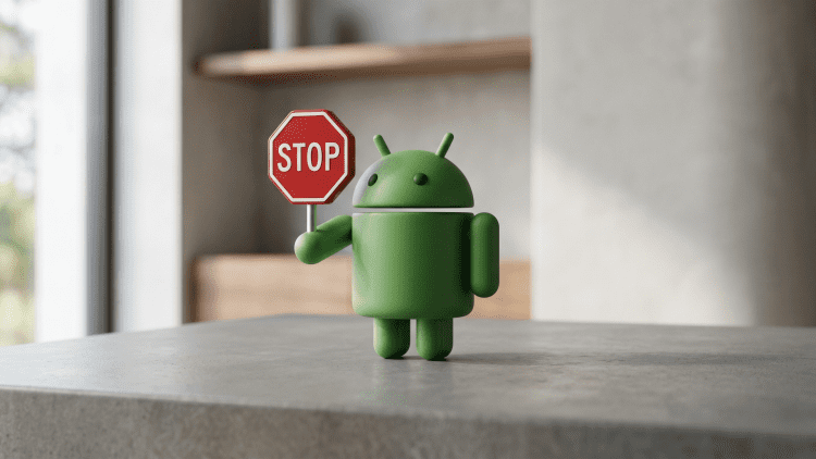 A 3D minimalist figurine of the green Android robot holding a small red stop sign, standing on a grey concrete surface with a blurred interior background.