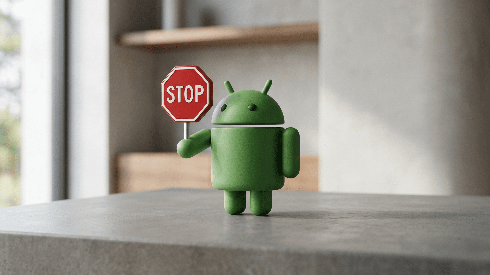 A 3D minimalist figurine of the green Android robot holding a small red stop sign, standing on a grey concrete surface with a blurred interior background.