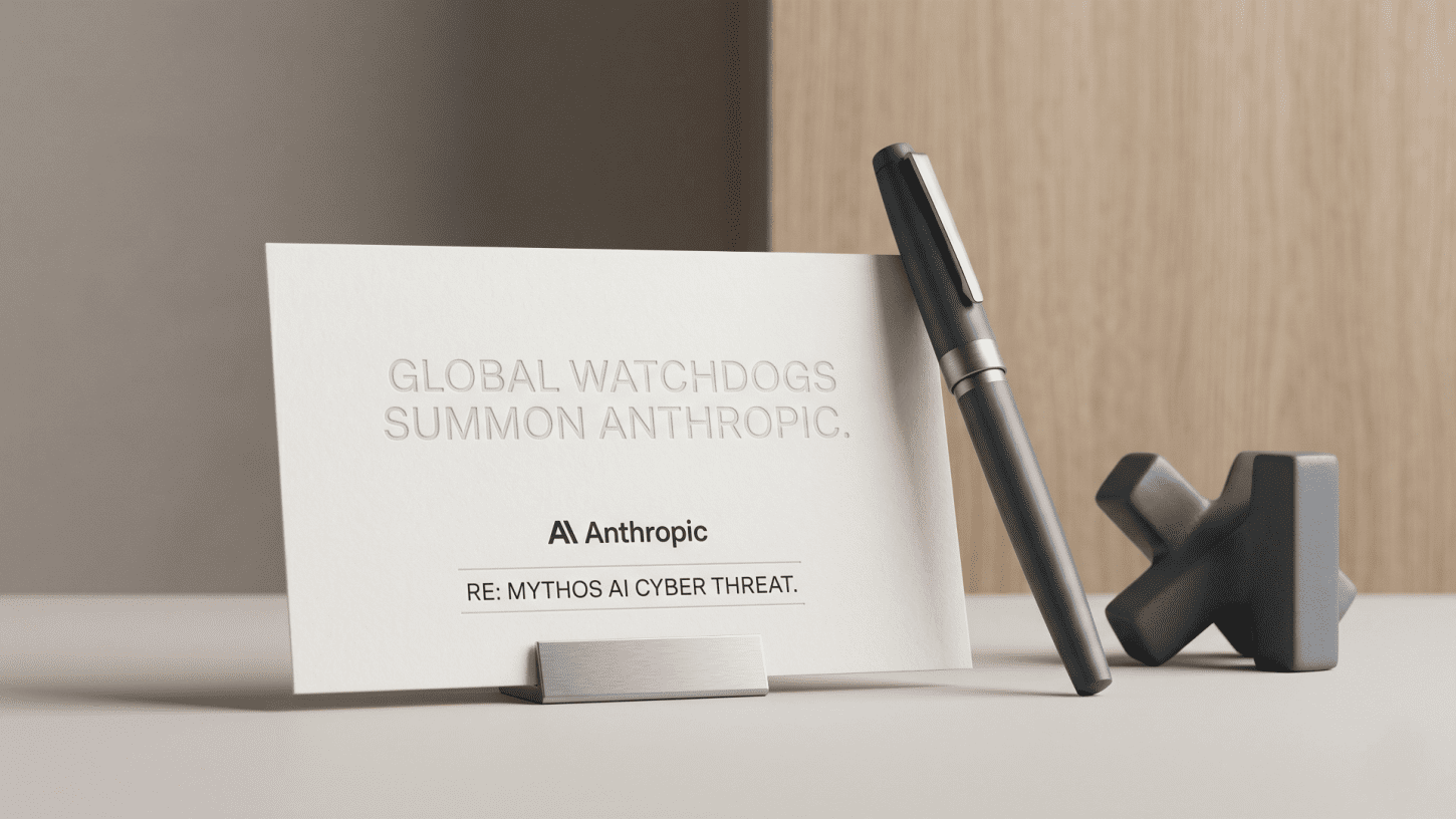 A minimalistic editorial photograph of an official summon card referencing Anthropic and a global watchdog cyber threat investigation, styled with a sleek pen on a clean surface.