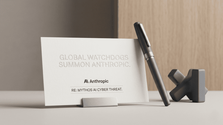A minimalistic editorial photograph of an official summon card referencing Anthropic and a global watchdog cyber threat investigation, styled with a sleek pen on a clean surface.