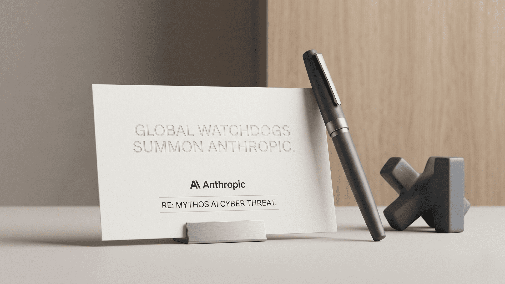 A minimalistic editorial photograph of an official summon card referencing Anthropic and a global watchdog cyber threat investigation, styled with a sleek pen on a clean surface.