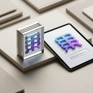 3D Blockrora gradient logo badge sitting next to a tablet showing a Monthly Ad Free Subscription button on a minimal beige workspace.