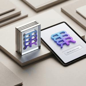 3D Blockrora gradient logo emblem next to a tablet displaying an Unlock Article Pass digital button on a clean, minimal workspace.