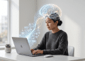 A person working on an Apple laptop with a holographic digital brain interface visualised above them, representing the integration of human cognition and AI.