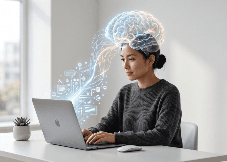 A person working on an Apple laptop with a holographic digital brain interface visualised above them, representing the integration of human cognition and AI.