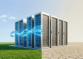 A photorealistic split-screen image depicting a row of data center server racks. The left half of the scene is set against a vibrant green lawn under a blue sky, featuring digital energy flows and cloud icons with arrows, symbolizing cloud data storage and value. The right half is against dry, cracked earth under a haze, with distinct icons illustrating high water and electrical consumption with arrows indicating depletion.