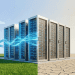A photorealistic split-screen image depicting a row of data center server racks. The left half of the scene is set against a vibrant green lawn under a blue sky, featuring digital energy flows and cloud icons with arrows, symbolizing cloud data storage and value. The right half is against dry, cracked earth under a haze, with distinct icons illustrating high water and electrical consumption with arrows indicating depletion.
