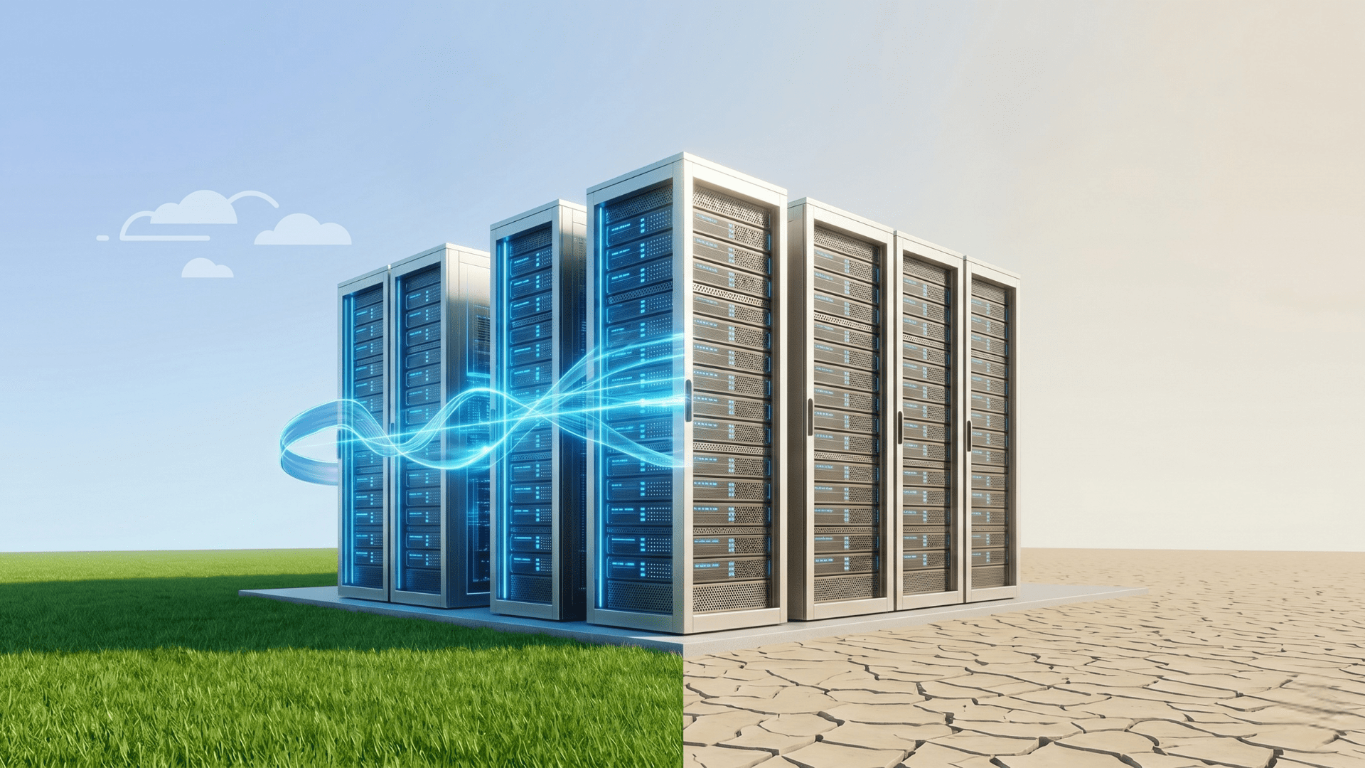 A photorealistic split-screen image depicting a row of data center server racks. The left half of the scene is set against a vibrant green lawn under a blue sky, featuring digital energy flows and cloud icons with arrows, symbolizing cloud data storage and value. The right half is against dry, cracked earth under a haze, with distinct icons illustrating high water and electrical consumption with arrows indicating depletion.