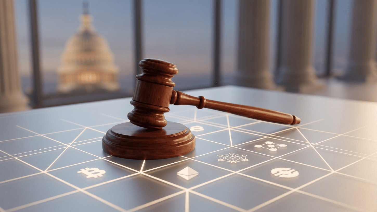 A wooden gavel resting on a digital grid featuring cryptocurrency symbols with the U.S. Capitol building in the background, representing the Digital Asset Market Clarity Act.