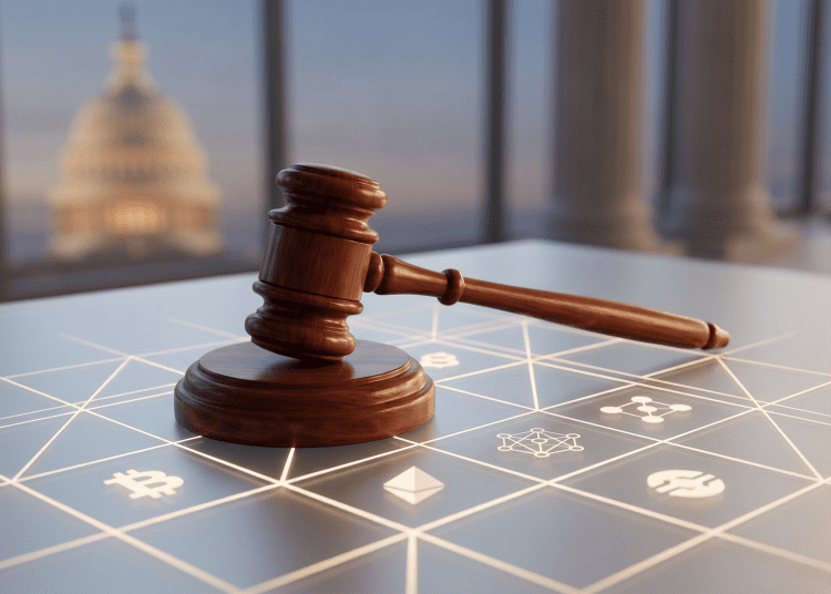 A wooden gavel resting on a digital grid featuring cryptocurrency symbols with the U.S. Capitol building in the background, representing the Digital Asset Market Clarity Act.