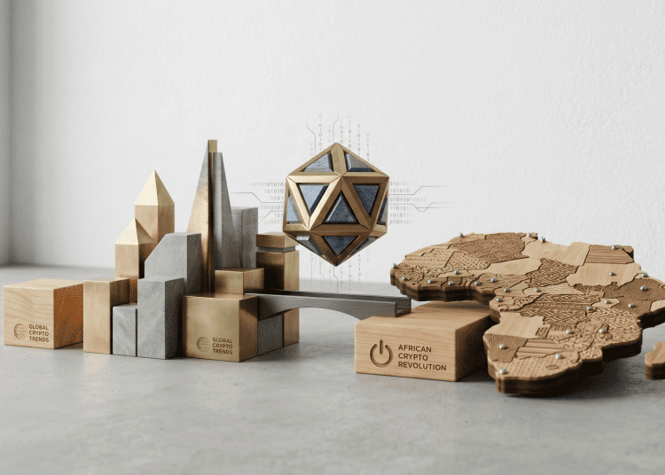 A minimalistic 3D editorial design featuring a stylized geometric crypto token levitating between a modern brass and stone skyline and a wooden map of Africa, representing GenZ driving the next crypto revolution.
