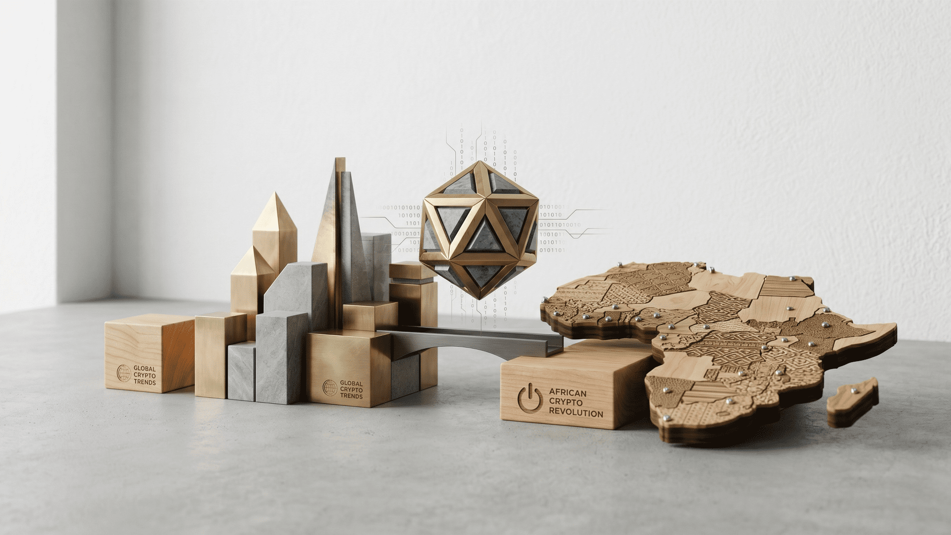 A minimalistic 3D editorial design featuring a stylized geometric crypto token levitating between a modern brass and stone skyline and a wooden map of Africa, representing GenZ driving the next crypto revolution.