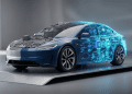 A 3D minimalist render of a General Motors vehicle silhouette, transitioning from legacy server hardware on the left to a glowing blue neural network on the right, representing GM's pivot from traditional IT roles to AI talent.