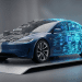 A 3D minimalist render of a General Motors vehicle silhouette, transitioning from legacy server hardware on the left to a glowing blue neural network on the right, representing GM's pivot from traditional IT roles to AI talent.