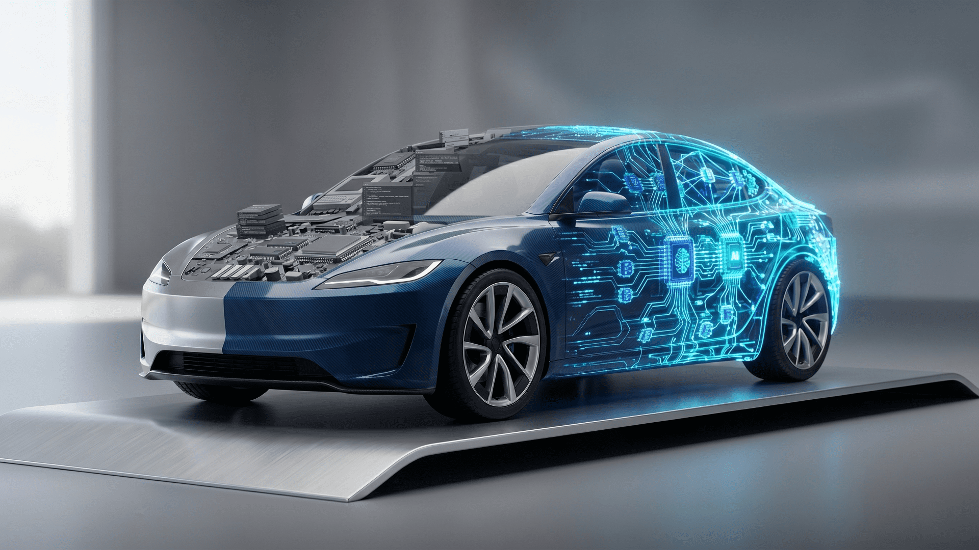 A 3D minimalist render of a General Motors vehicle silhouette, transitioning from legacy server hardware on the left to a glowing blue neural network on the right, representing GM's pivot from traditional IT roles to AI talent.