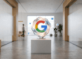 3D glass abstract Google logo on a pedestal representing an AI-powered search engine agent in a modern office hallway.