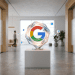 3D glass abstract Google logo on a pedestal representing an AI-powered search engine agent in a modern office hallway.