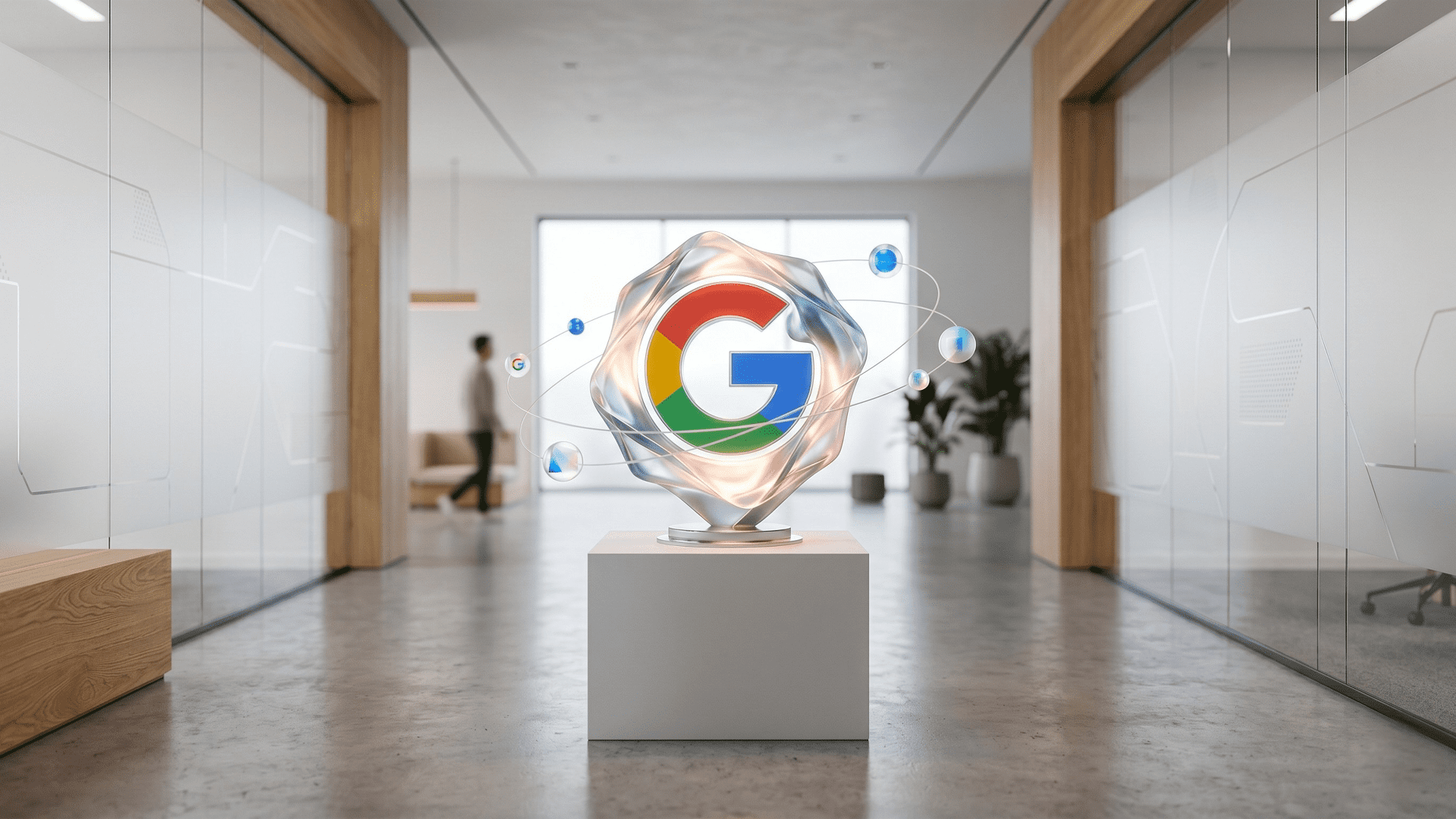 3D glass abstract Google logo on a pedestal representing an AI-powered search engine agent in a modern office hallway.