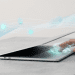 A hand interacts with a laptop trackpad amidst glowing digital waves and cloud icons, representing Googlebook's Gemini AI integration.