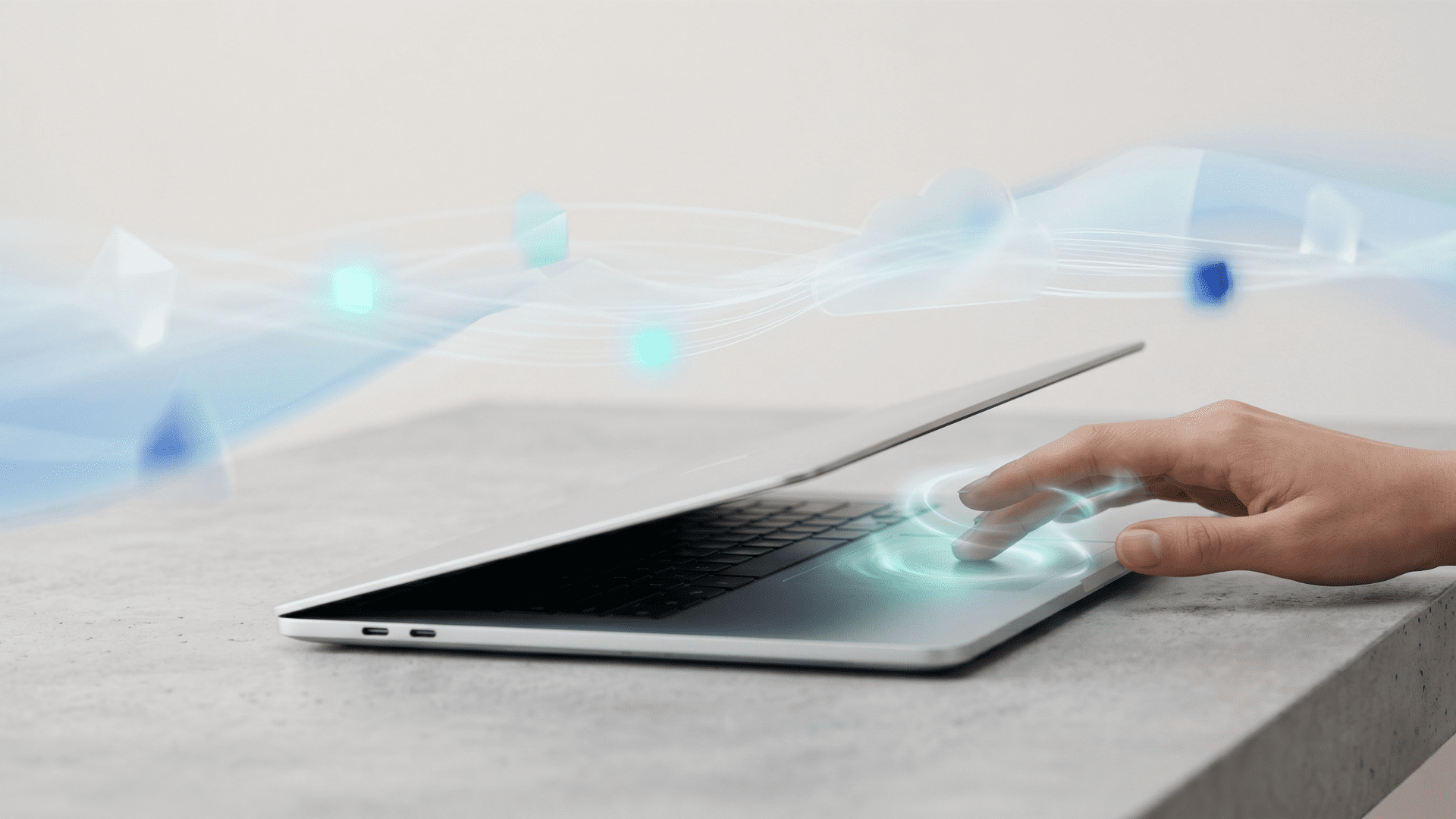 A hand interacts with a laptop trackpad amidst glowing digital waves and cloud icons, representing Googlebook's Gemini AI integration.