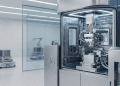 A cleanroom interior showing a futuristic Huawei chip manufacturing machine (lithography system) with a robotic assistant in the background, illustrating Huawei's effort toward silicon independence and matching TSMC.