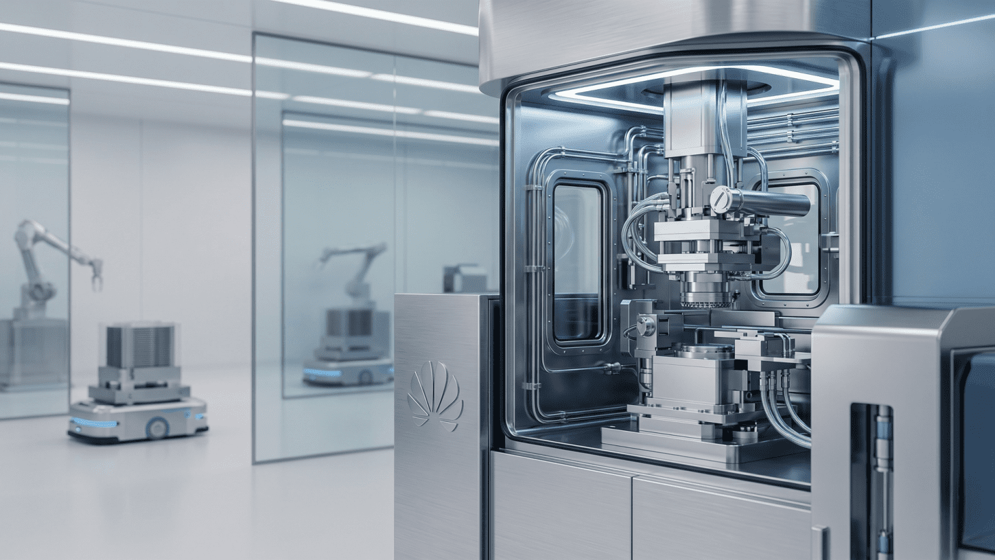 A cleanroom interior showing a futuristic Huawei chip manufacturing machine (lithography system) with a robotic assistant in the background, illustrating Huawei's effort toward silicon independence and matching TSMC.