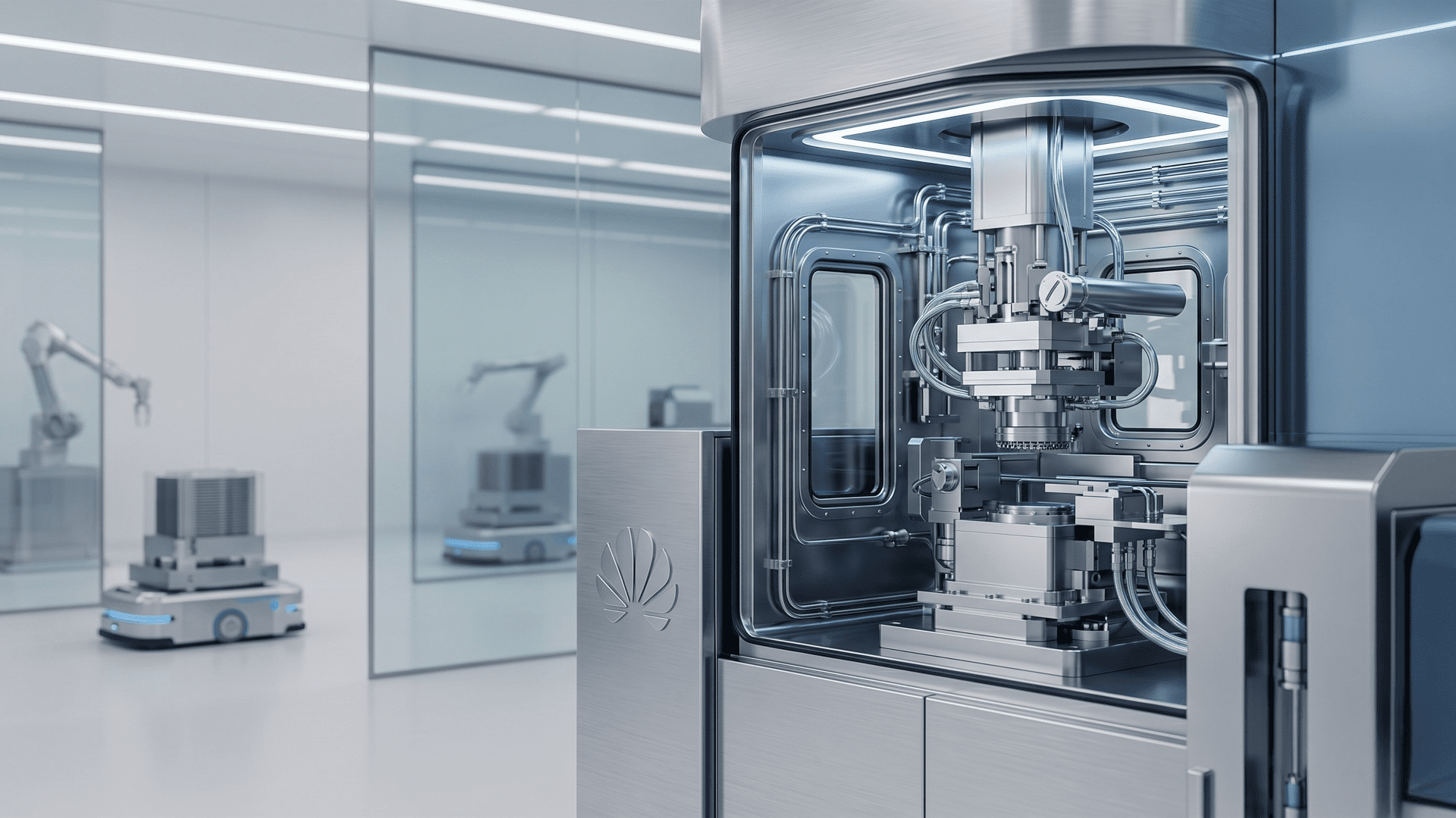 A cleanroom interior showing a futuristic Huawei chip manufacturing machine (lithography system) with a robotic assistant in the background, illustrating Huawei's effort toward silicon independence and matching TSMC.