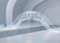 A minimalist 3D editorial photograph showing a glowing bridge made of light threads spanning a chasm. The Threads logo is positioned in the centre of the bridge, with subtle shapes representing the X and Bluesky logos on one side against a clean, light grey background.