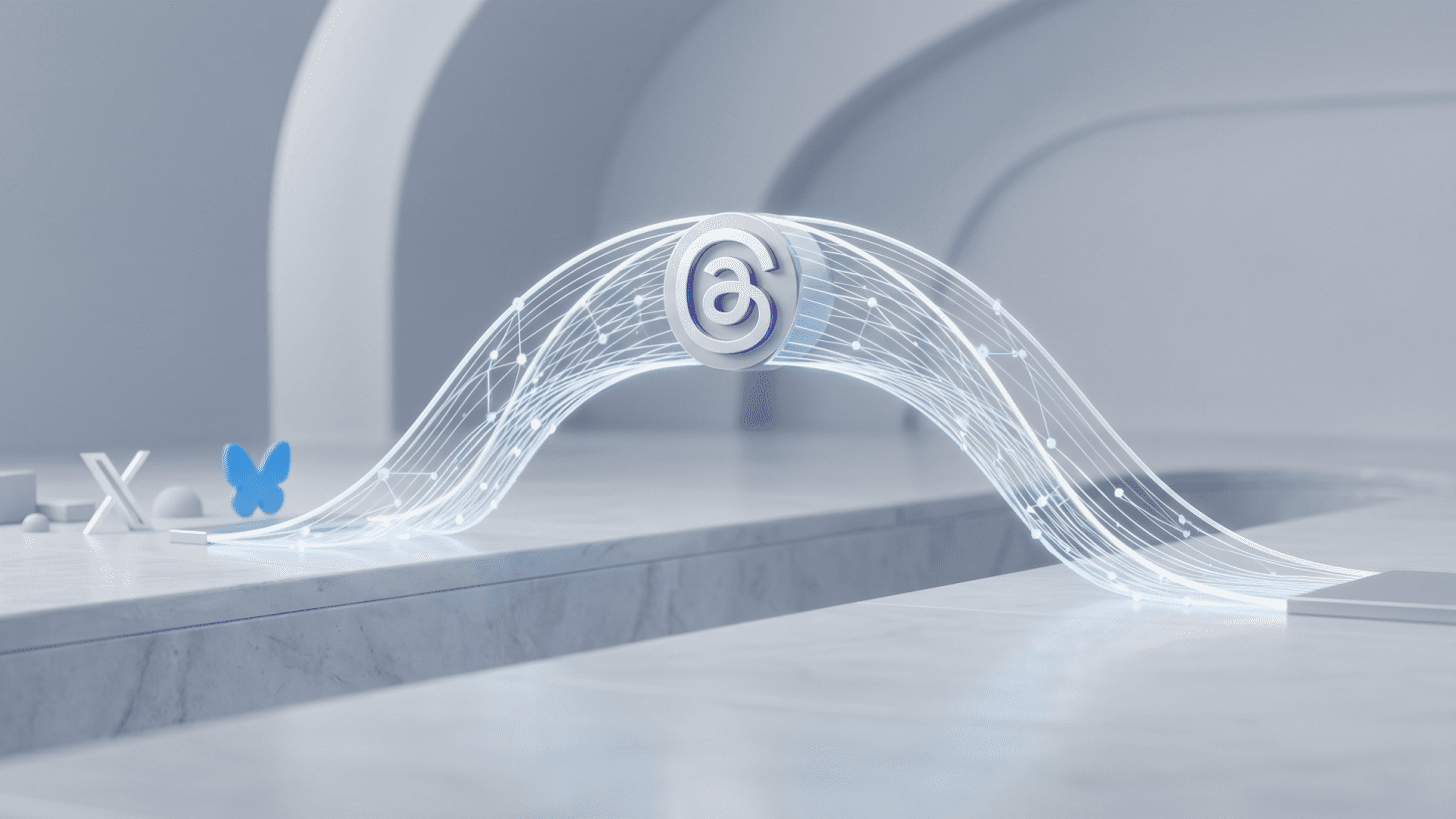 A minimalist 3D editorial photograph showing a glowing bridge made of light threads spanning a chasm. The Threads logo is positioned in the centre of the bridge, with subtle shapes representing the X and Bluesky logos on one side against a clean, light grey background.