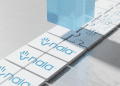 A minimalistic 3D architectural concept showing NALA logo tiles forming a foundation for stablecoin payments infrastructure.