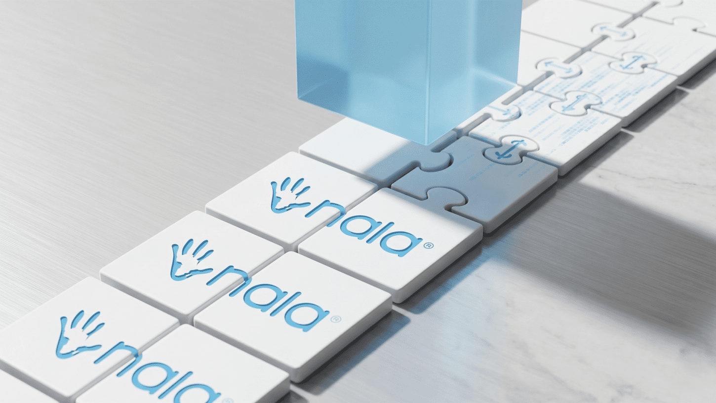 A minimalistic 3D architectural concept showing NALA logo tiles forming a foundation for stablecoin payments infrastructure.