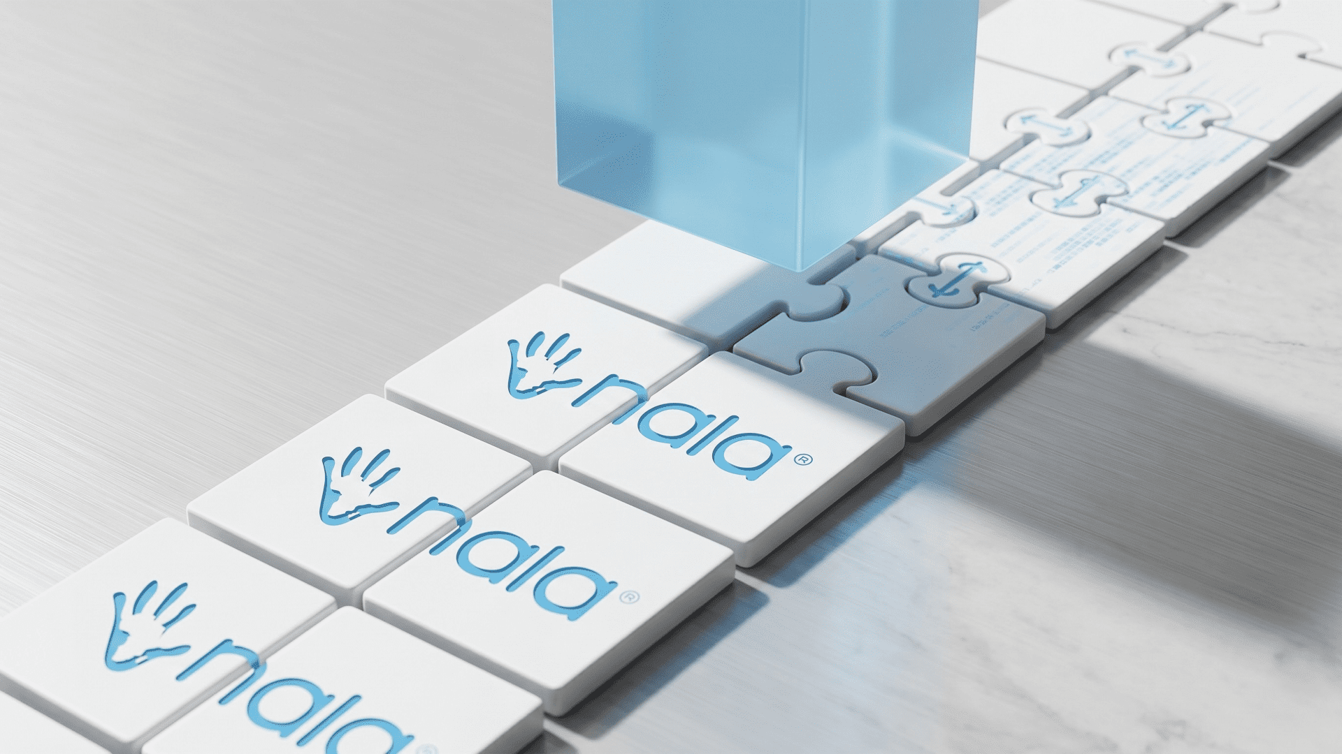 A minimalistic 3D architectural concept showing NALA logo tiles forming a foundation for stablecoin payments infrastructure.