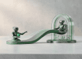 A professional, minimalist 3D rendering of Robinhood AI agents managing an automated portfolio, featuring sleek metallic robots on a clean grey studio surface.