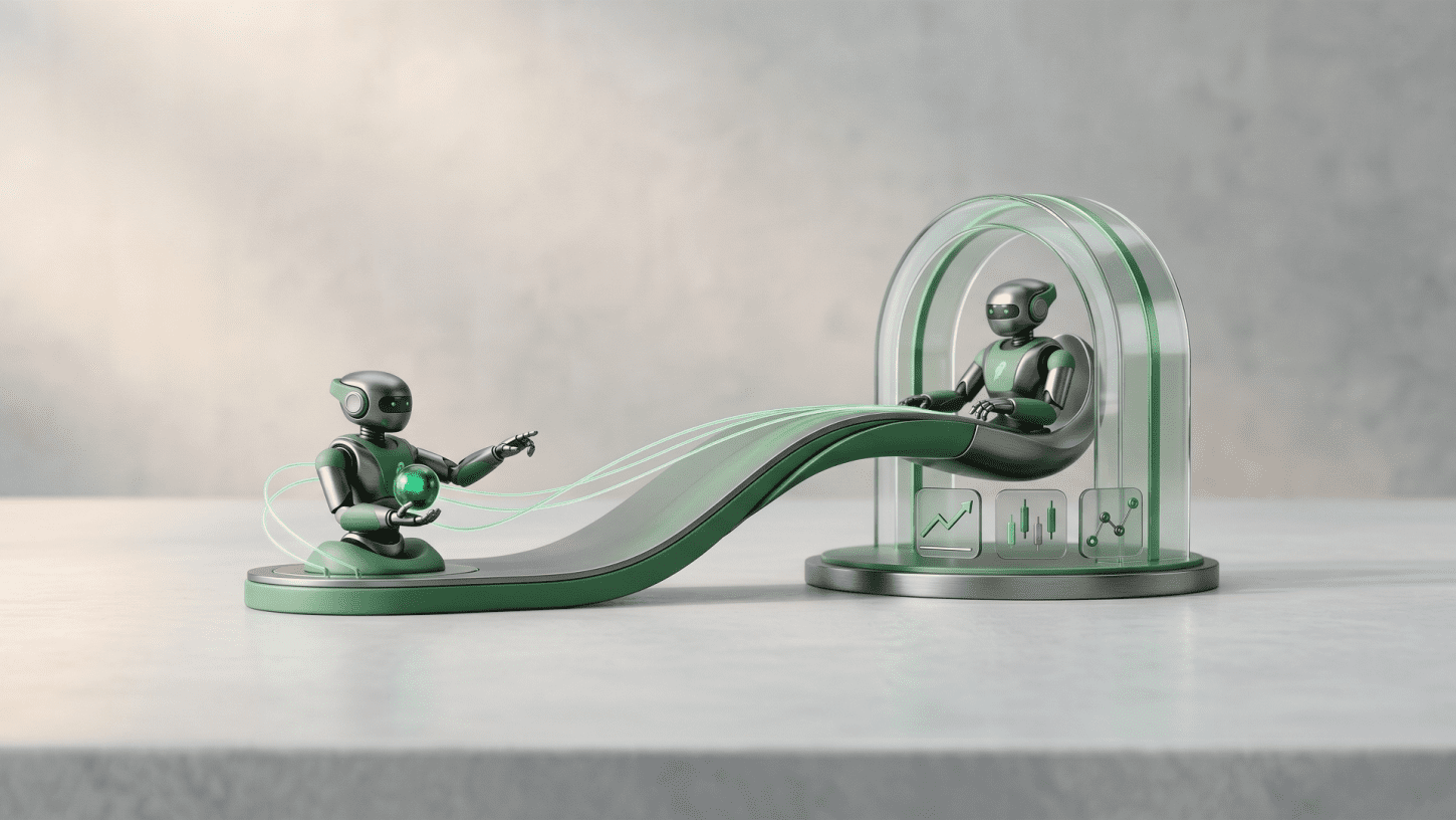 A professional, minimalist 3D rendering of Robinhood AI agents managing an automated portfolio, featuring sleek metallic robots on a clean grey studio surface.