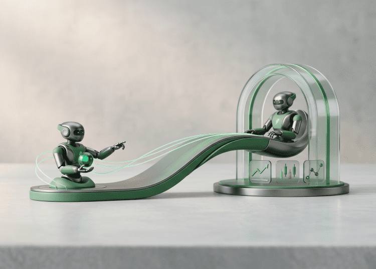 A professional, minimalist 3D rendering of Robinhood AI agents managing an automated portfolio, featuring sleek metallic robots on a clean grey studio surface.