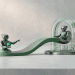 A professional, minimalist 3D rendering of Robinhood AI agents managing an automated portfolio, featuring sleek metallic robots on a clean grey studio surface.