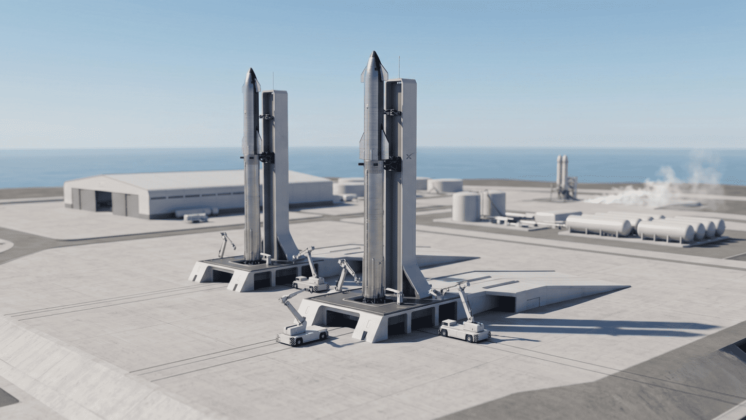 SpaceX Starship rockets being prepared for rapid, high-frequency launch operations at a launch facility.