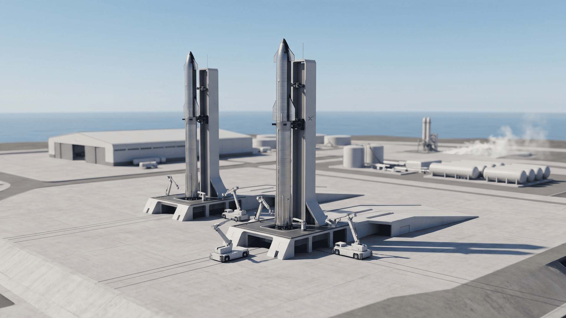 SpaceX Starship rockets being prepared for rapid, high-frequency launch operations at a launch facility.