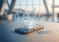 A modern smartphone resting on a sleek surface in a blurred airport terminal, projecting a glowing, holographic 3D world map focused on South Africa and global connectivity routes with Truecaller branding.