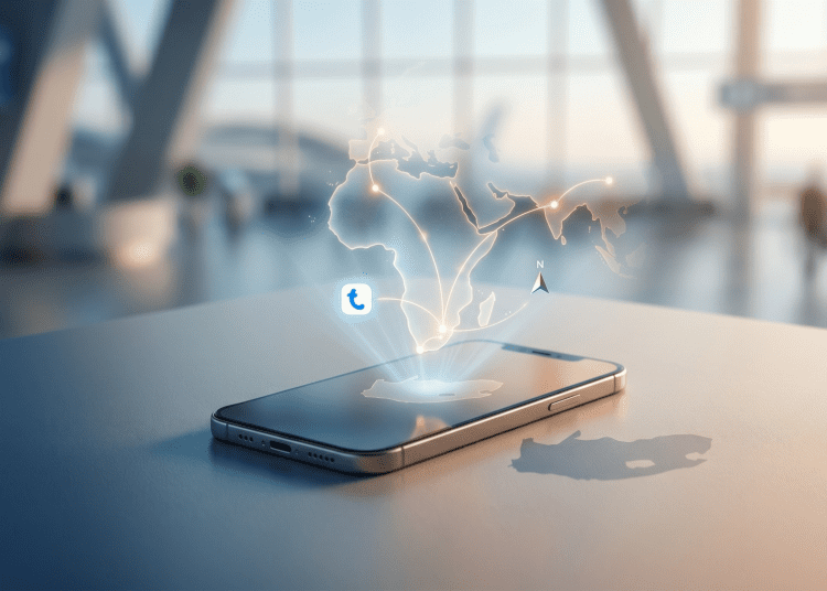 A modern smartphone resting on a sleek surface in a blurred airport terminal, projecting a glowing, holographic 3D world map focused on South Africa and global connectivity routes with Truecaller branding.