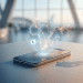 A modern smartphone resting on a sleek surface in a blurred airport terminal, projecting a glowing, holographic 3D world map focused on South Africa and global connectivity routes with Truecaller branding.