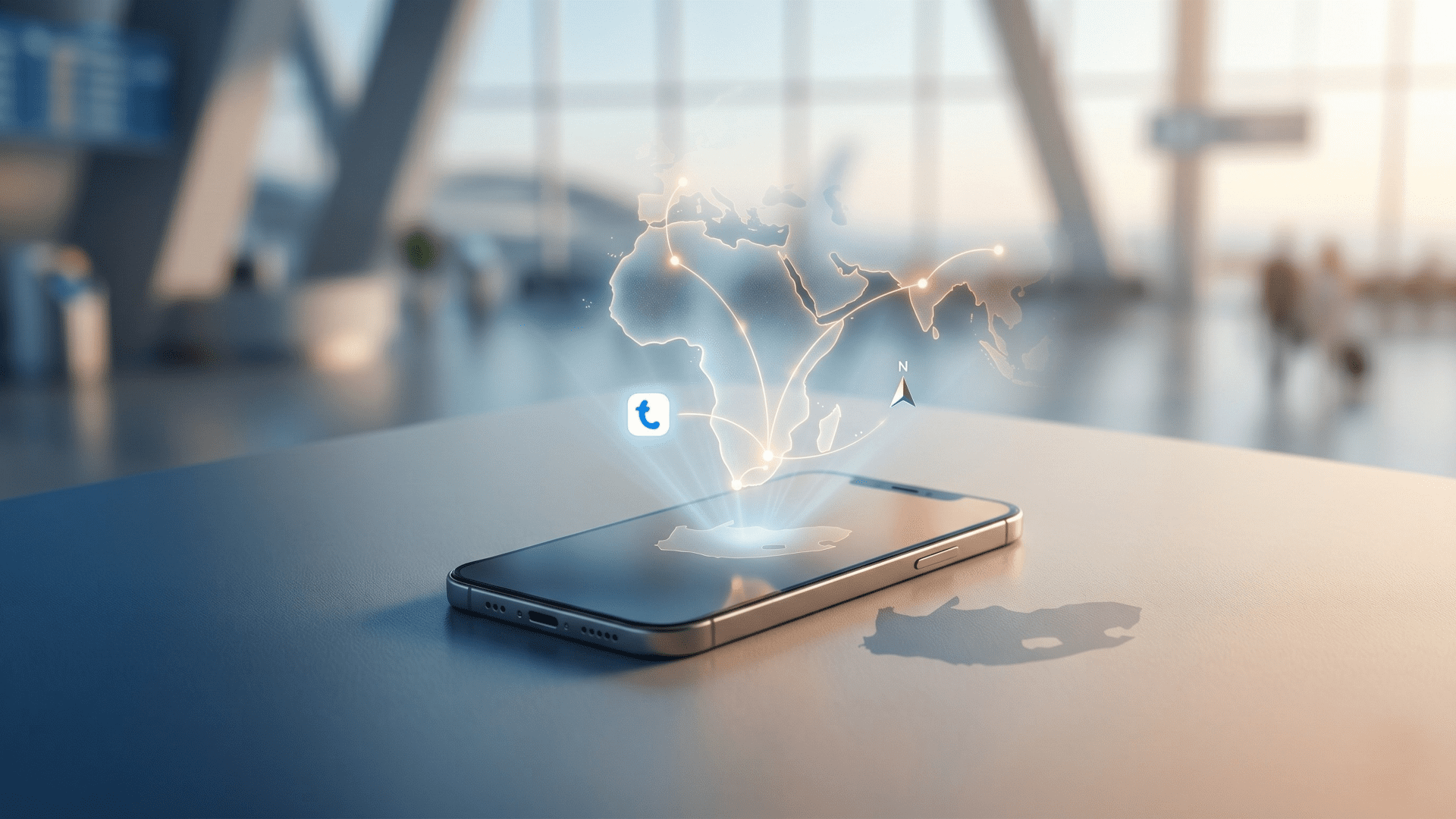 A modern smartphone resting on a sleek surface in a blurred airport terminal, projecting a glowing, holographic 3D world map focused on South Africa and global connectivity routes with Truecaller branding.