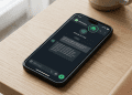 A high-quality editorial photograph of a smartphone on a wooden surface displaying the WhatsApp Private AI Chat interface with a green incognito icon.