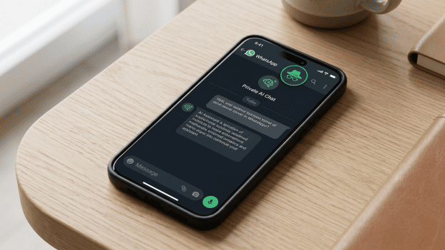 A high-quality editorial photograph of a smartphone on a wooden surface displaying the WhatsApp Private AI Chat interface with a green incognito icon.
