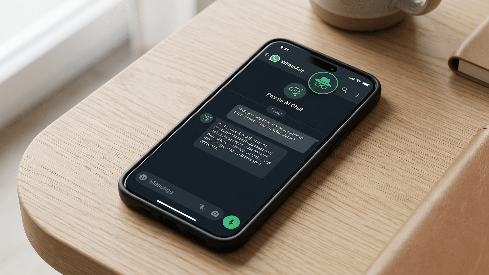 A high-quality editorial photograph of a smartphone on a wooden surface displaying the WhatsApp Private AI Chat interface with a green incognito icon.