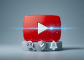 A 3D realistic rendering of the YouTube play button logo on a clean grey background, featuring a glowing blue digital scan line to represent automatic AI detection and content disclosure symbols.