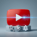 A 3D realistic rendering of the YouTube play button logo on a clean grey background, featuring a glowing blue digital scan line to represent automatic AI detection and content disclosure symbols.