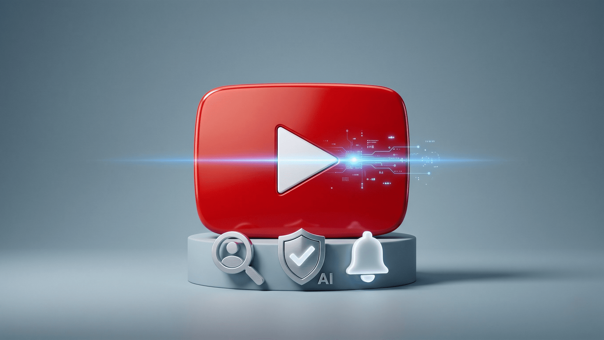 A 3D realistic rendering of the YouTube play button logo on a clean grey background, featuring a glowing blue digital scan line to represent automatic AI detection and content disclosure symbols.