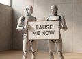 A high-quality, minimalistic photograph of a white AI android standing in a clean, modern studio setting, holding a crisp banner sign that reads PAUSE ME NOW.