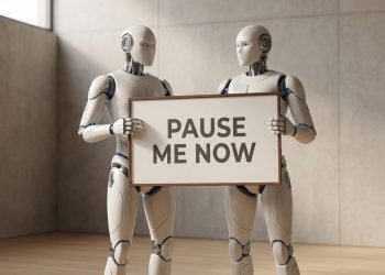 A high-quality, minimalistic photograph of a white AI android standing in a clean, modern studio setting, holding a crisp banner sign that reads PAUSE ME NOW.